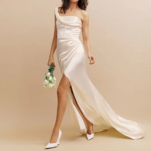 Reformation Eisa Silk Wedding Dress NEW One Shoulder Maxi Corset Slit Gown Sz 6 - Picture 1 of 8